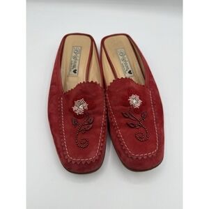 Brighton Women's Red Suede Beaded Floral Slip-On Mules Loafers 7.5